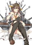  bandaid black_legwear blue_eyes blush boots breasts brown_hair burnt_clothes cannon double_bun grey_eyes hair_ornament hairband hand_in_hair highres kantai_collection kongou_(kantai_collection) large_breasts long_hair looking_at_viewer miniskirt nanahara_fuyuki no_bra nontraditional_miko one_eye_closed open_mouth panties pantyshot pantyshot_(sitting) pink_panties pleated_skirt shirt sitting skirt smoke solo thigh_boots thighhighs torn_clothes torn_legwear torn_shirt torn_skirt turret underwear 