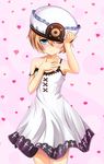  :&lt; bare_shoulders blanc blue_eyes blush brown_hair collarbone dress frilled_hat frills grav hand_on_headwear hand_on_own_chest hat heart highres neptune_(series) nose_blush one_eye_closed pink_background short_hair spaghetti_strap strap_slip white_dress 