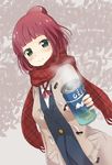  blazer blush coat dress_shirt drink english green_eyes hair_bun happy_birthday himematsu_school_uniform holding jacket looking_at_viewer plaid plaid_scarf red_hair ribbon sakasana_(kaisen_teikoku) saki scarf school_uniform shirt short_hair smile solo standing usuzawa_sae white_shirt winter_uniform 