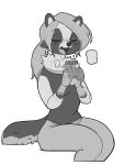  2018 alpha_channel anthro canine clothing eyes_closed female food fur hair mammal monochrome open_mouth paperclip_(artist) shirt sitting solo tanuki teeth tuft 