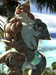 anthro blush bulge clothing danandnite fish male marine mostly_nude muscular muscular_male outside pecs shark solo standing tattoo underwear 