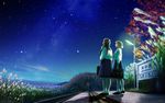  2girls brown_hair forest grass kagaya landscape night original scenic seifuku sky stars tree 