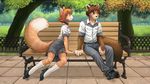  bench blue_eyes bored cat clothing collar detailed_background feline female high_heels iskra iskra_(character) male mammal outside park playful school_uniform sitting skirt smile socks tree wide_hips widescreen yellow_eyes 