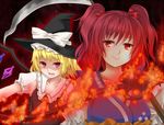  awai_shiro bad_id bad_pixiv_id blonde_hair cosplay fire flandre_scarlet hat hat_ribbon kirisame_marisa kirisame_marisa_(cosplay) laevatein multiple_girls onozuka_komachi red_hair ribbon scythe touhou wings witch_hat 