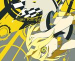  blonde_hair checkered checkered_skirt kagamine_rin mochizuki_kei school_uniform short_hair skirt solo tiger_rampage_(vocaloid) upside-down vocaloid yellow_eyes 