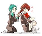  bow braid braiding_hair brown_hair crossed_legs female_protagonist_(persona_3) hair_ornament hairclip hairdressing long_hair multiple_girls no_shoes open_mouth persona persona_3 persona_3_portable ribbon school_uniform short_hair sitting skirt smile socks sutei_(giru) wariza yamagishi_fuuka 