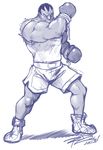  boxing_gloves buzz_cut dark_skin dark_skinned_male m_bison male_focus monochrome mouth_pull muscle robert_porter shorts signature sketch sleeveless solo street_fighter 