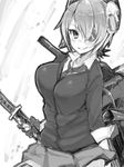  breasts cardigan eyepatch fingerless_gloves gloves greyscale grin hair_over_one_eye headgear inayama kantai_collection katana large_breasts monochrome necktie school_uniform sheath sheathed short_hair skirt sleeves_rolled_up smile solo sword tenryuu_(kantai_collection) v-neck weapon 