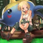  blonde_hair boots forest gen_3_pokemon gen_6_pokemon green_eyes gym_leader highres nature open_mouth pokemon pokemon_(creature) pokemon_(game) pokemon_xy scatterbug shorts surskit tank_top tugo viola_(pokemon) 