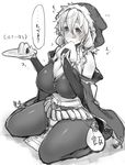  blush breasts character_request cleavage detached_sleeves food hat huge_breasts inayama monochrome mouth_hold onigiri pantyhose plate plump seiza sitting solo translated 