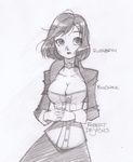  bioshock bioshock_infinite breasts choker cleavage corset cropped_jacket elizabeth_(bioshock_infinite) graphite_(medium) high_collar highres large_breasts lips monochrome robert_de_jesus short_hair solo traditional_media wrist_cuffs 