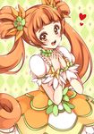  checkered checkered_background choker cure_rosetta curly_hair dokidoki!_precure double_bun dress earrings green_choker hair_ornament hair_ribbon happy heart jewelry long_hair looking_at_viewer magical_girl open_mouth orange_dress orange_eyes orange_hair precure puffy_sleeves ribbon sikuhima smile solo twintails wrist_cuffs yotsuba_alice 