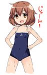  :d absurdres ahoge anchor_symbol armpits bangs blue_swimsuit blush brown_hair competition_school_swimsuit covered_navel cowboy_shot fang flat_chest hair_ornament hairclip hands_on_hips happy highres ikazuchi_(kantai_collection) kantai_collection looking_at_viewer okina_ika one-piece_swimsuit open_mouth orange_eyes parted_bangs short_hair simple_background sketch smile solo standing swimsuit translated wet wet_hair white_background 