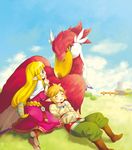  1girl blonde_hair blue_eyes bracelet jewelry link loftwing long_hair mitsubachi_koucha pointy_ears princess_zelda sleeping smile the_legend_of_zelda the_legend_of_zelda:_skyward_sword 