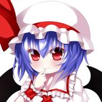  ascot bad_id bad_pixiv_id bat_wings blouse blue_hair blush bow closed_mouth collared_shirt commentary frilled_hat frilled_shirt frills hand_on_own_face hat hat_bow hat_ribbon index_finger_raised looking_at_viewer mob_cap portrait puffy_sleeves red_eyes remilia_scarlet ribbon shirona_(amenomurakumo26) shirt simple_background smile solo touhou white_background wings wrist_cuffs 