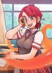  aheahead blush breasts cellphone classroom desk eyebrows freckles green_eyes hair_ornament hairclip large_breasts necktie perky_breasts phone red_hair school_desk school_uniform schoolgirls_love_tentacles short_hair smile solo_focus sweater_vest tentacles 