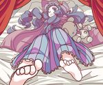  ;&lt; barefoot hat lying monomi patchouli_knowledge purple_eyes purple_hair solo stuffed_animal stuffed_toy teddy_bear touhou 