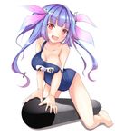  :d arm_support barefoot blue_hair blush breasts cleavage fang full_body hair_ornament hair_ribbon i-19_(kantai_collection) kantai_collection kirifrog kneeling large_breasts long_hair name_tag one-piece_swimsuit open_mouth red_eyes ribbon school_swimsuit simple_background smile solo star strap_slip swimsuit torpedo twintails white_background 