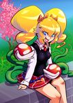  alternate_costume alternate_hairstyle blonde_hair blue_eyes blush bow breasts colorized contemporary fang hair_bow hair_ornament hairclip jewelry lips lipstick long_hair makeup mario_(series) medium_breasts necktie open_mouth piranha_plant plaid plaid_skirt princess_peach ring school_uniform schoolgirls_love_tentacles sho-n-d sitting skirt solo super_mario_bros. sweater_vest twintails 