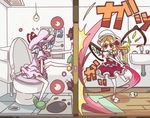  attack bat blonde_hair blue_hair doorknob flandre_scarlet hat hat_ribbon laevatein light_bulb monomi multiple_girls red_eyes remilia_scarlet ribbon siblings sink sisters slippers tears toilet_use touhou wings 