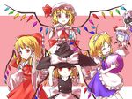 alternate_costume apron ascot bad_id bad_pixiv_id ball bat_wings blonde_hair blue_dress blue_hair bow braid brooch camera chibi closed_eyes cosplay detached_sleeves dress enmaided fang flandre_scarlet four_of_a_kind_(touhou) hair_bow hair_tubes hakurei_reimu hakurei_reimu_(cosplay) hat hat_bow hat_tug highres izayoi_sakuya izayoi_sakuya_(cosplay) jewelry kirisame_marisa kirisame_marisa_(cosplay) long_sleeves looking_at_viewer maid maid_headdress minust mob_cap multiple_girls o_o pink_dress pose puffy_sleeves red_eyes remilia_scarlet remilia_scarlet_(cosplay) shirt short_sleeves silver_hair single_braid skirt skirt_set smile touhou vest waist_apron wide_sleeves wings witch_hat wrist_cuffs 