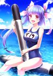  bangs blue_hair blunt_bangs blush bow breasts cloud day fang hair_bow holding holding_torpedo i-19_(kantai_collection) kantai_collection large_breasts long_hair looking_at_viewer multicolored_hair ocean one-piece_swimsuit red_eyes ringo_ame school_swimsuit sky smile solo swimsuit symbol-shaped_pupils torpedo twintails two-tone_hair very_long_hair 