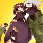  3boys arm_behind_back black_eyes black_hair crying fingerless_gloves forehead_protector gloves half_mask hand_on_another&#039;s_shoulder hand_on_another's_shoulder hand_on_shoulder hatake_kakashi male male_focus might_guy multiple_boys naruto one_eye_covered rock_lee short_hair silver_hair tears uzumaki_naruto vest yellow_background 