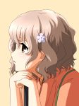  1girl brown_eyes brown_hair flower hair_between_eyes hair_flower hair_ornament hanasaku_iroha highres japanese_clothes kissuisou_uniform looking_afar matsumae_ohana mitsuhiro-510-goto parted_lips short_hair simple_background solo upper_body 