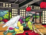  anthro asian ayame_emaya black_hair chinese_dragon couple cute dragon duo eastern feathered feathered_wings feathers gay green_dragon hair kneeling long_ears long_hair male oriental ryuki scalie smile tea tea_time whiskers wings zakkie_starres 