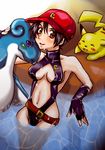  1girl alternate_costume bare_shoulders baseball_cap bikini black_bikini black_hair blush breasts brown_eyes collarbone dengeki!_pikachu ears erect_nipples fingerless_gloves gloves gym_leader hair_bun hat hips holding holding_poke_ball kasumi_(pokemon) knees lapras latex legs lips midriff navel nintendo nipples open_mouth pikachu poke_ball pokeball pokemon pokemon_(manga) shiny short_hair side_ponytail sling_bikini swimsuit tongue water wet wide_hips 