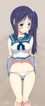  akino_sora blue_eyes blue_hair blush dress dress_lift embarrassed hiradaira_chisaki long_hair looking_away lowleg lowleg_panties nagi_no_asukara navel open_mouth panties sailor_dress school_uniform serafuku side_ponytail skindentation skirt sleeveless solo stairs thigh_gap underwear 