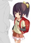  1girl backpack bad_id bad_pixiv_id bag bow brown_eyes brown_hair child clothes_writing hair_bow long_hair original ponytail randoseru ribbon shirt skirt t-shirt tamakorogashi 