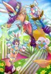  animal_ears aqua_eyes arm_belt breasts brown_hair bunny_ears bunny_tail chains cleavage collared_shirt commentary_request ear_piercing easter_egg echo_(mff) egg fairy fairy_wings final_fantasy flower flying gloves green_wings grey_hair hand_puppet hat hat_tip head_wreath lapel_flower meadow mobius_final_fantasy multicolored multicolored_clothes multicolored_hair open_mouth payu_(pyms11) piercing pixie puppet purple_footwear purple_gloves purple_hair purple_hat shirt short_hair small_breasts smile sparkle striped striped_legwear tail thighhighs top_hat two-tone_hair vest wand wings wol yellow_eyes 