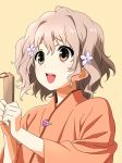  1girl :d brown_eyes brown_hair flower hair_flower hair_ornament hanasaku_iroha highres japanese_clothes kissuisou_uniform matsumae_ohana mitsuhiro-510-goto open_mouth short_hair simple_background smile solo upper_body wide_sleeves 