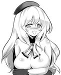  atago_(kantai_collection) bad_id bad_pixiv_id beret blush breast_hold breasts fuantei gloves greyscale hat kantai_collection large_breasts long_hair monochrome open_mouth smile solo topless 