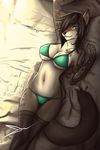  bed bed_sheet bikini black_hair breasts brown_fur canine female fluffy_tail fur grey_eyes hair hair_over_eye looking_at_viewer lying navel signature skimpy solo spacepoptart stockings tattoo translucent wolf 