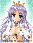  adapted_costume bikini_top blush breasts cleavage crown elbow_gloves feena_fam_earthlight front-tie_top gloves green_eyes large_breasts long_hair looking_at_viewer navel nightmare77zx purple_hair smile solo swimsuit traditional_media yoake_mae_yori_ruri_iro_na 