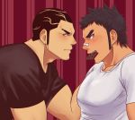  2boys araki_gennosuke black_hair black_shirt blush chocolate domodomoch eye_contact facial_hair hairstyle_request hinomaru_zumou kunisaki_chihiro looking_at_another male_focus mouth_hold multiple_boys muscle red_background shirt sideburns simple_background spiked_hair striped striped_background stubble t-shirt thick_eyebrows upper_body vertical-striped_background vertical_stripes white_shirt yaoi 