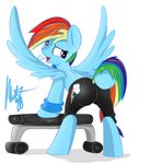  bench blue_fur butt clothing cutie_mark equine female feral friendship_is_magic fur hair looking_at_viewer mammal matackable multi-colored_hair my_little_pony open_mouth pegasus plain_background presenting purple_eyes rainbow_dash_(mlp) solo sweat tight_clothing topless white_background wing_boner wings wristband 