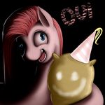  black_background blue_eyes creepy dark derp_eyes equine female flower french french_text friendship_is_magic hair hat horse kloudmutt madame_le_flour_(mlp) madame_le_floure_(mlp) mammal my_little_pony open_mouth party_hat pink_hair pinkamena_(mlp) pinkie_pie_(mlp) plain_background pony smile solo text 