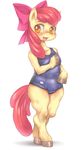  apple_bloom blush bow furry hair_bow hoihoi my_little_pony my_little_pony_friendship_is_magic red_hair school_swimsuit swimsuit white_background yellow_eyes 