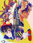  2boys anti-materiel_rifle arm_up bikini_top blue_hair goggles goggles_on_head gun kamina kamina_shades mjm_pxv multiple_boys red_hair rifle scarf simon sniper_rifle tengen_toppa_gurren_lagann weapon yoko_littner 