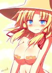  :t alternate_breast_size areola_slip areolae bad_id bad_pixiv_id bandaid bandaids_on_nipples banned_artist blonde_hair blue_eyes blush body_blush breast_squeeze breasts hat kisaragi_zwei large_breasts looking_at_viewer moriya_suwako nude pasties pout short_hair signature solo touhou upper_body yellow_background 