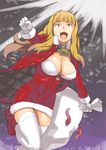  bangs bell bell_collar blonde_hair blunt_bangs boots breasts christmas cleavage collar cow_bell dress foreshortening gloves jack_hamster large_breasts long_hair magical_grim original red_eyes sack santa_costume tentacles thighhighs white_gloves zettai_ryouiki 
