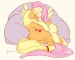  blonde_hair blush butt cutie_mark equine female feral fluttershy_(mlp) friendship_is_magic fur hair horse long_hair mammal my_little_pony orange_fur pegasus pillow pink_hair plain_background pony purochen pussy signature sleeping white_background wings yellow_fur 