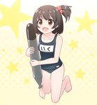  :d bare_shoulders barefoot black_hair brown_eyes cosplay hair_bobbles hair_ornament highres i-19_(kantai_collection) i-19_(kantai_collection)_(cosplay) idolmaster idolmaster_million_live! kantai_collection nakatani_iku name_tag namesake one-piece_swimsuit one_side_up open_mouth pun school_swimsuit short_hair smile solo swimsuit torpedo totokichi 