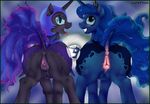  anatomically_correct anatomically_correct_pussy animal_genitalia anus black_fur blue_eyes blue_fur blue_hair blush butt crown cutie_mark duo equine equine_pussy female feral friendship_is_magic fur hair helmet horn horse lesbian looking_at_viewer looking_back mammal moon my_little_pony nezudomo nightmare_moon_(mlp) open_mouth outside pointman101 pony presenting presenting_hindquarters princess_luna_(mlp) pussy raised_tail rwrahole smile tongue tongue_out winged_unicorn wings 