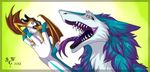  blue_fur blue_furr cyan_fur forked_tongue fur gradient_background green_background hi_res kymimary long_tongue open_mouth plain_background sergal sharp_teeth silvergrin size_difference teeth tongue tongue_out vorarephilia vore white_fur winged_arms wings yellow_eyes yellow_fur 