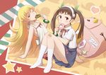  arm_support backpack bag bandaid bandaid_on_knee barefoot black_hair blonde_hair blush doughnut dress eating food golden_chocolate hachikuji_mayoi hairband heart long_hair long_legs monogatari_(series) multiple_girls murata_isshin one_eye_closed oshino_shinobu red_eyes sitting skirt socks star suspenders twintails yellow_eyes 