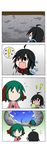  2girls 4koma absurdres ahoge animal_ears asymmetrical_wings black_dress black_eyes black_hair blue_sky chibi cloud cloudy_sky comic dress fang flying_sweatdrops green_hair highres houjuu_nue kasodani_kyouko megaphone multiple_girls open_mouth rain rakugaki-biyori screaming silent_comic sky spoken_exclamation_mark sweatdrop teruterubouzu touhou wings 